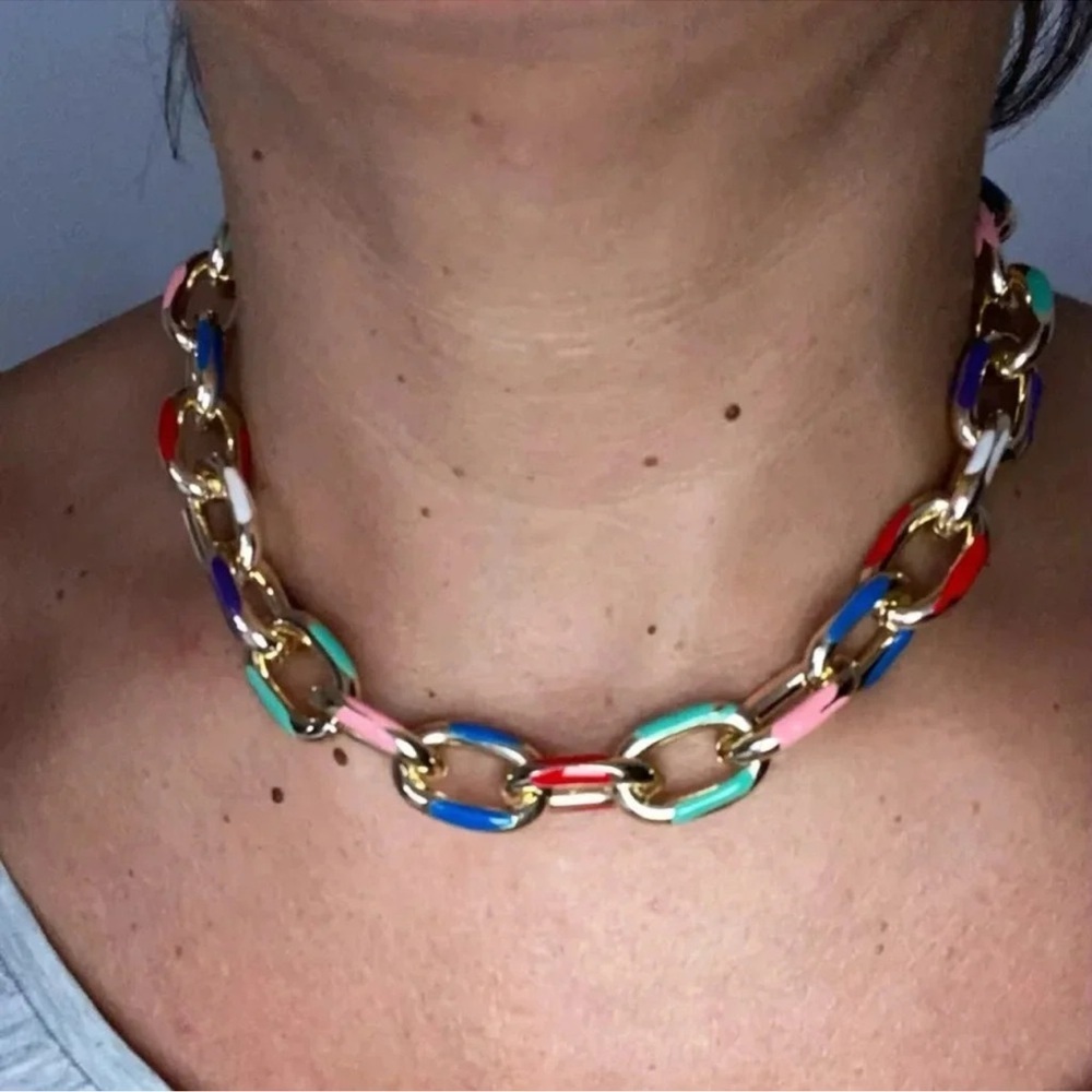 Cuban Color Block Chain Gold Link Necklace - Picture 3 of 8